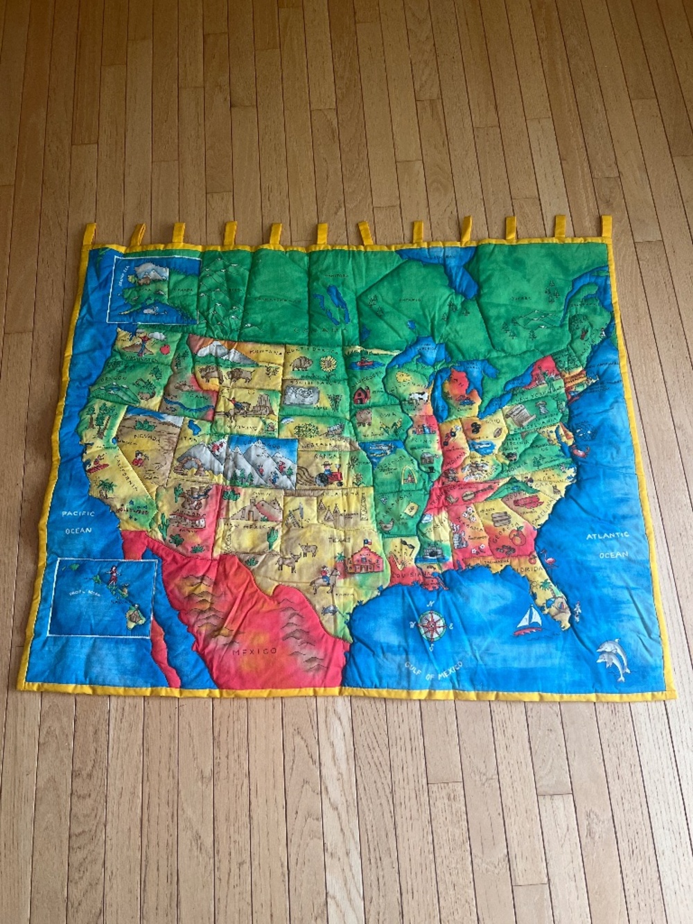 Handmade wall hanging map of US and Canada